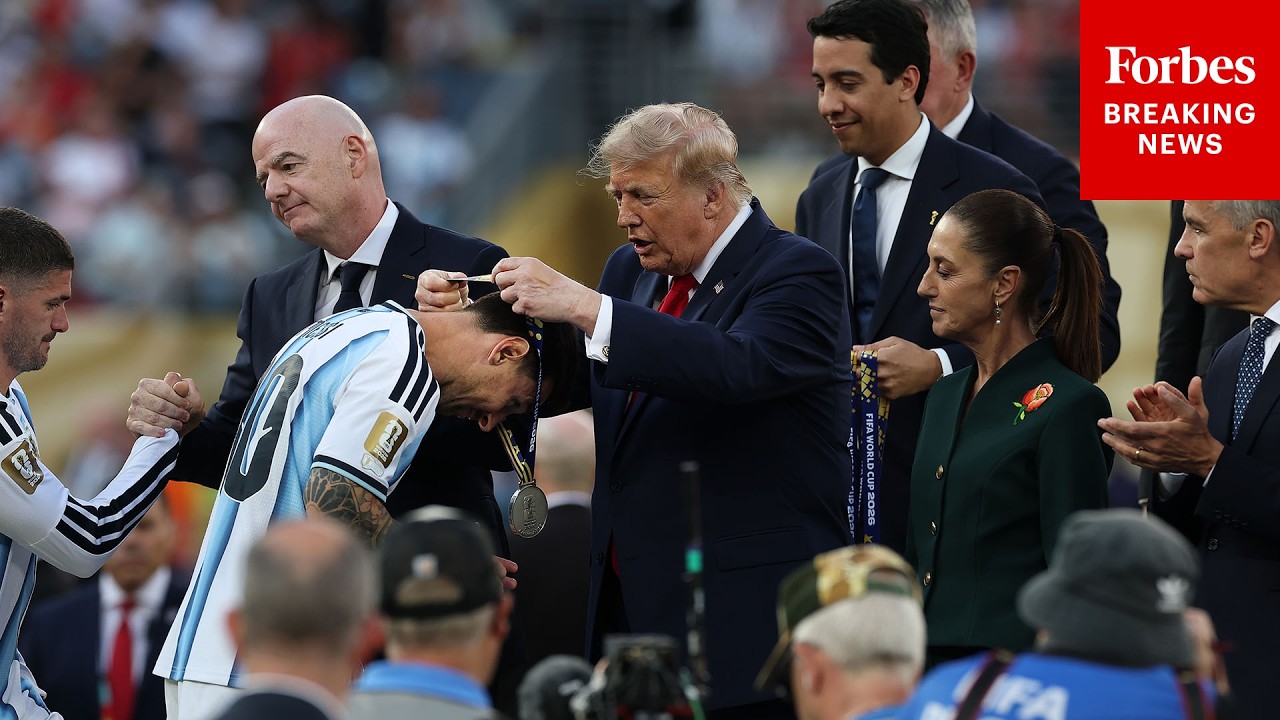 President Trump Participates In FIFA World Cup Trophy Presentation With Canada And Mexico Leaders