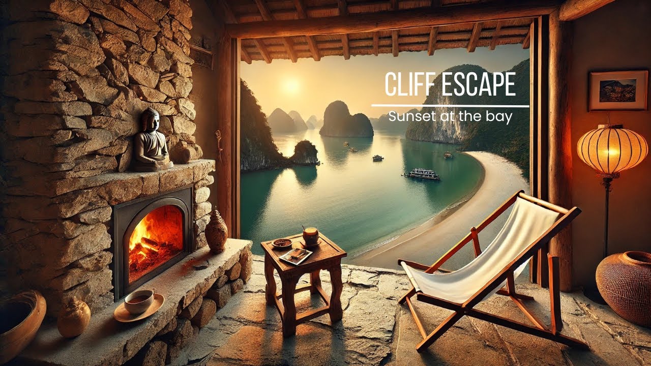 Sunset Stone Sanctuary Ambience | Relaxing Fireplace Jazz & Coastal Views for Deep Relaxation