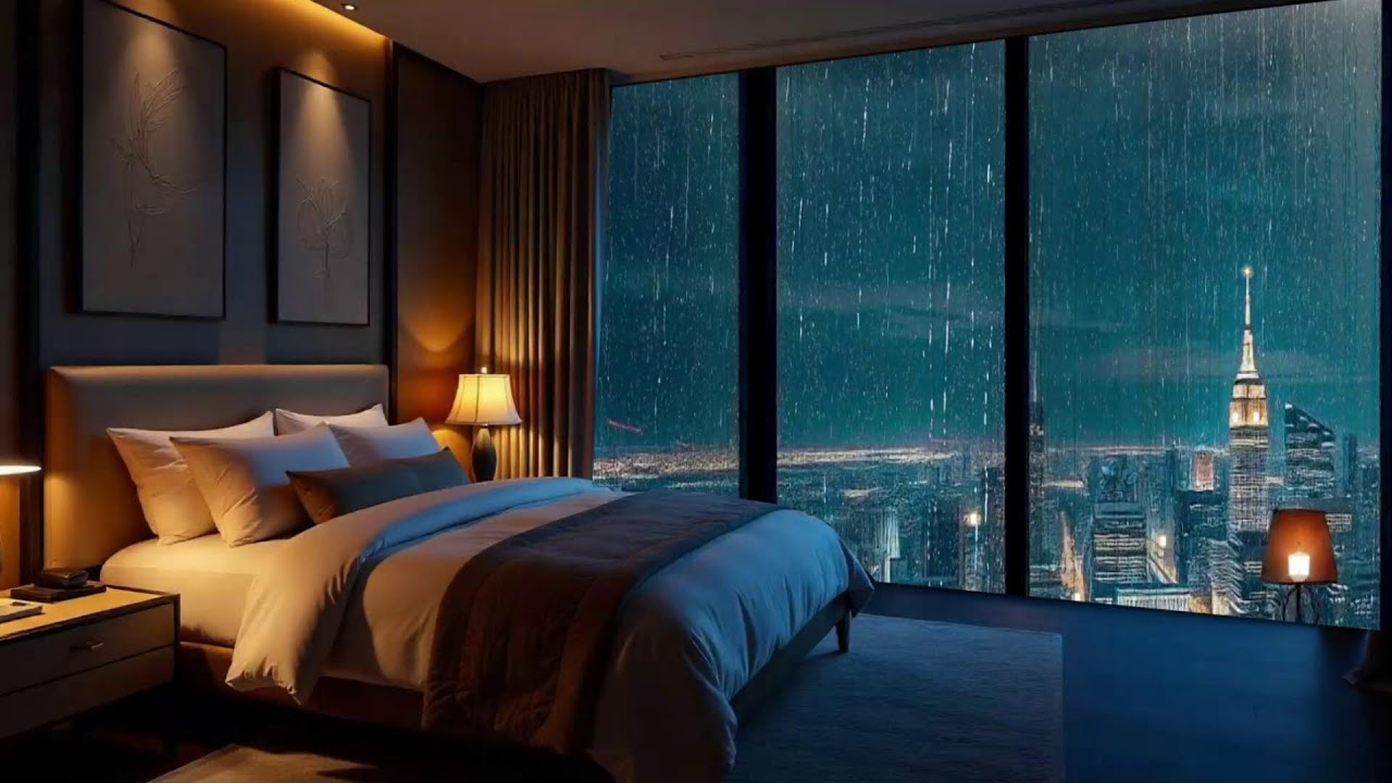 Rainy Fall Evening Jazz Ambience – Warm Cabin Fireplace & Forest Rain for Inner Peace