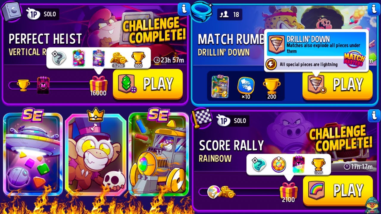 Perfect Heist Vertical Rush + Super Sized/ Score Rally Rainbow/ Match Rumble 18 player Drillin’ Down