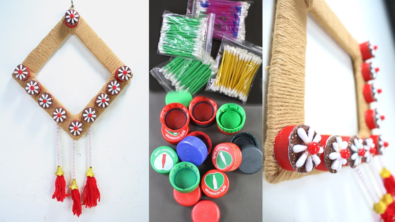 WASTE CARDBOARD & PLASTIC BOTTLE CAPS REUSE IDEA || DIY BOTTLE CAP WALL HANGING CRAFT
