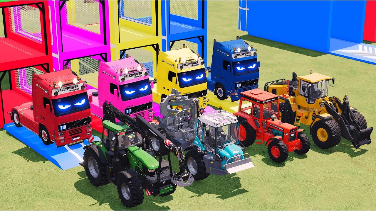 Garage with Colors - ALL MIXER TRUCK WITH DOUBLE FLATBED TRAILER TRUCK AND TRACTORS