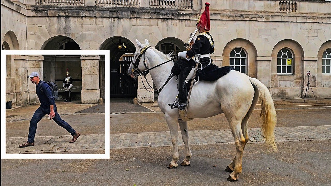 POLICE TELL DOZY TOURIST TO MOVE AS HE ALMOST RUINS THE LONG GUARD at Horse Guards!