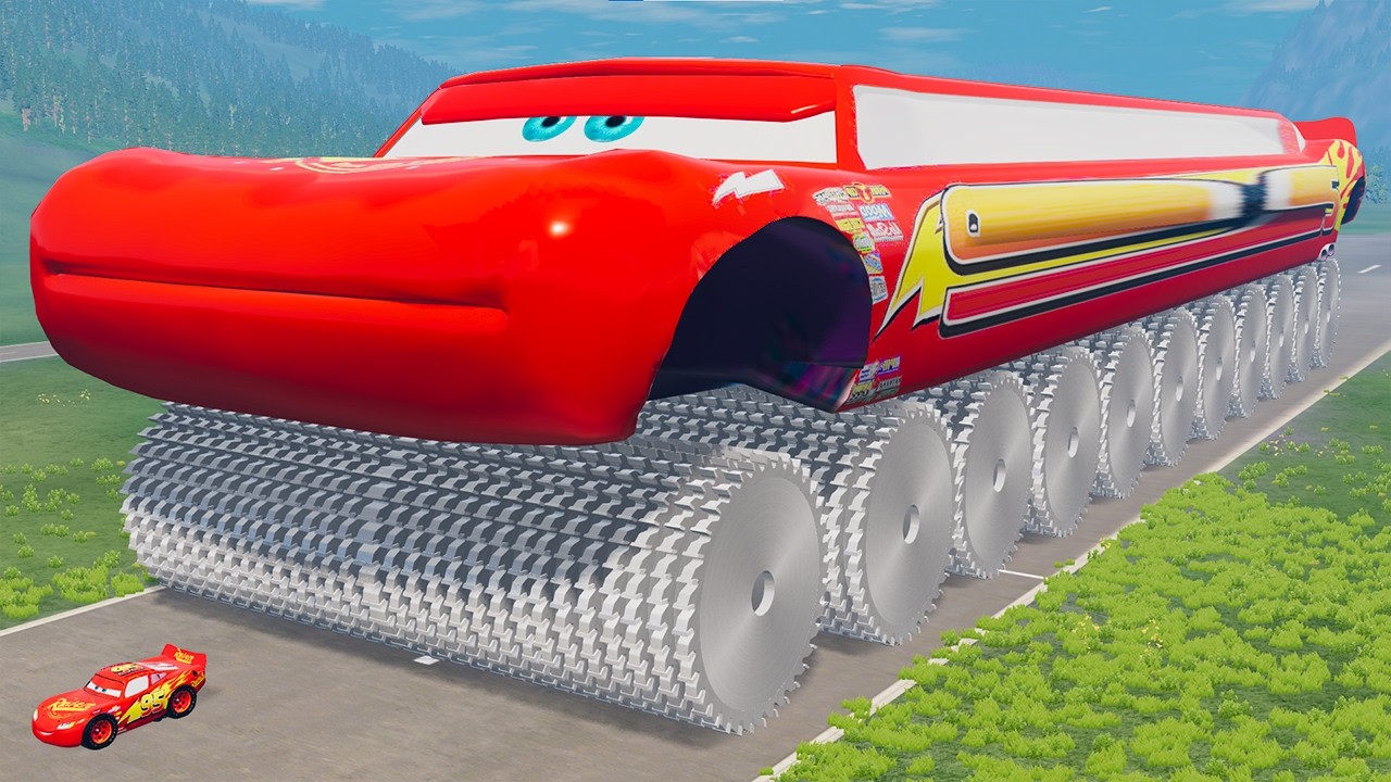 GIANT Wide McQueen with Saw wheels vs Small Lightning McQueen | BeamNG.Drive