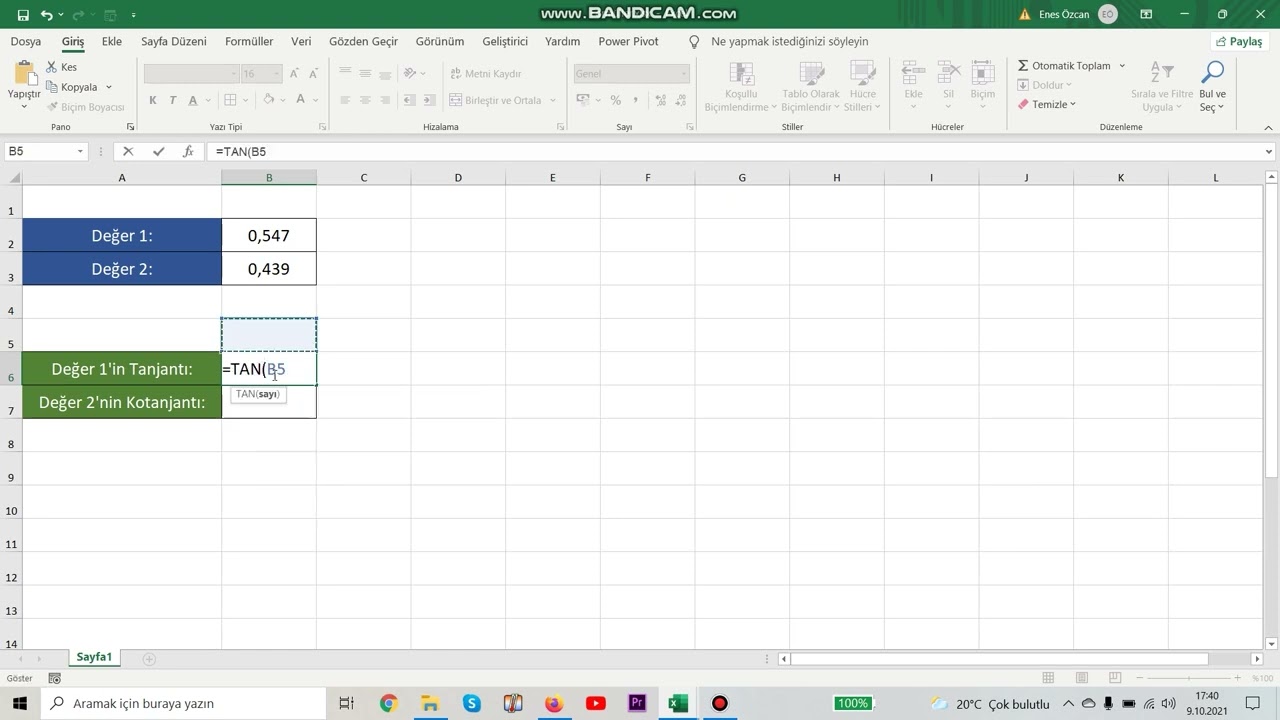 Microsoft Excel'de Tanjant ve Kotanjant İşlemleri Nasıl Yapılır?