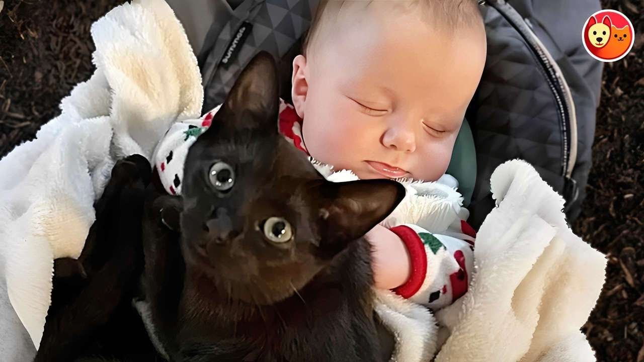 Эта спасённая чёрная кошка защищает ребёнка, как будто это её собственный котёнок