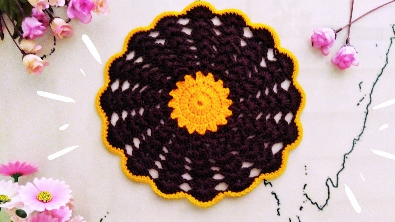 ටේබල් මැට් එකක් ගොතමු .crochet doily /Table mat .Part 01