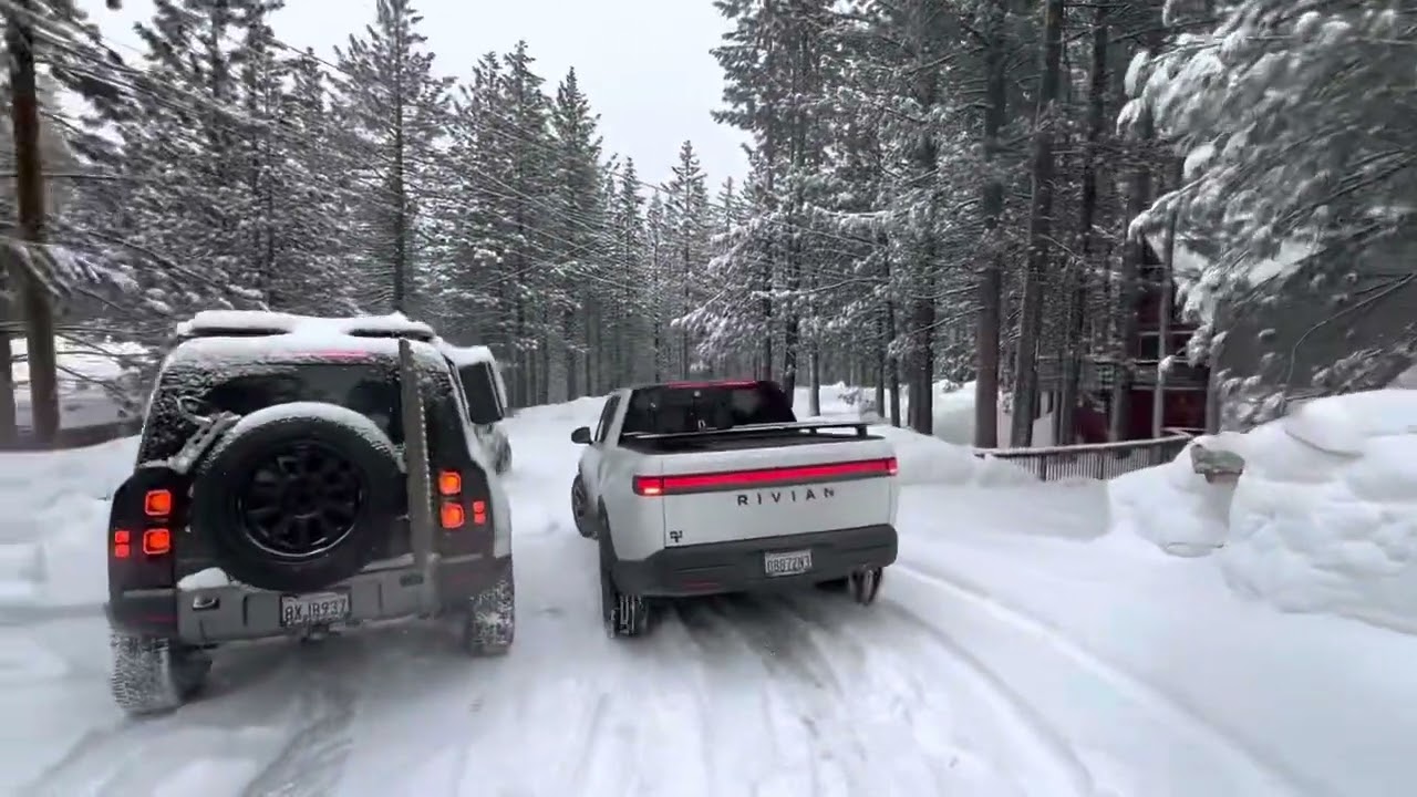 Rivian R1T - No Problem on icy Tahoe driveway or snowy streets with factory 22 All Season Tires