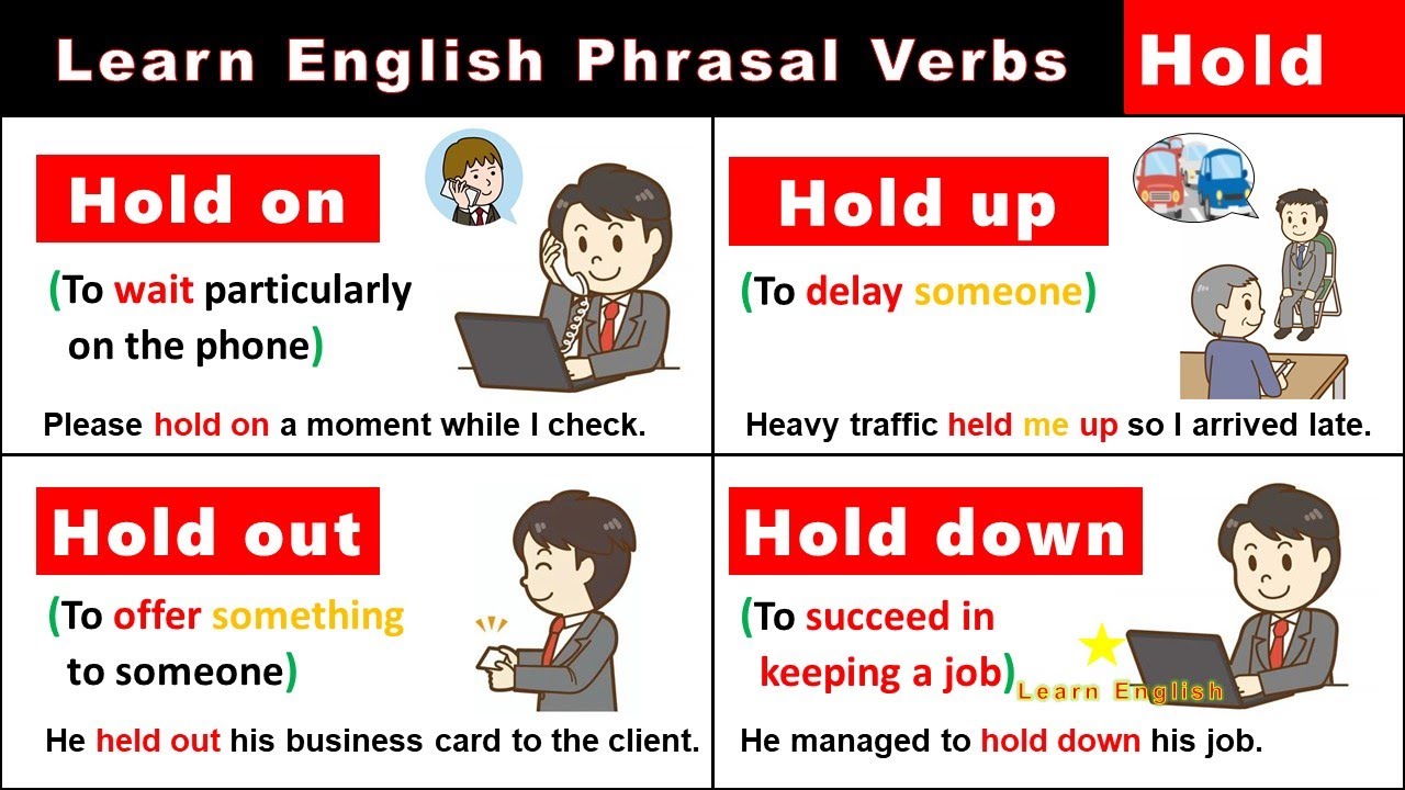 Learn English Phrasal Verbs with Hold - meanings, pictures, and examples