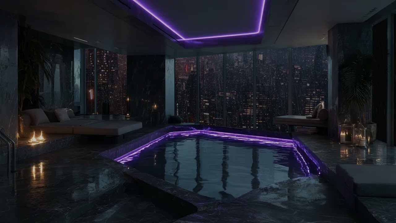 Gentle Rain and Fire Sounds in Purple Room | Cozy Relaxation, Sleep and Meditation Ambience