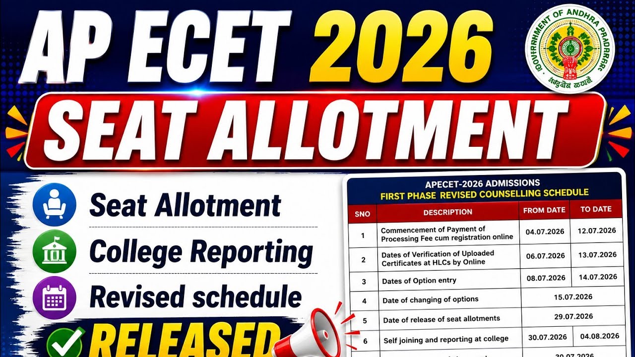 AP ECET 2026 SEAT ALLOTMENT & REPORTING SCHEDULE | AP ECET REVISED DATES