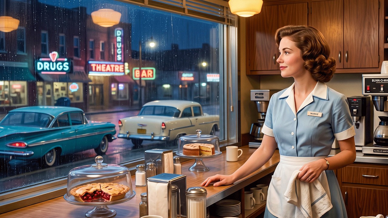 A Cozy Night at a Rainy American Diner, 1960 | Cozy Vintage Americana