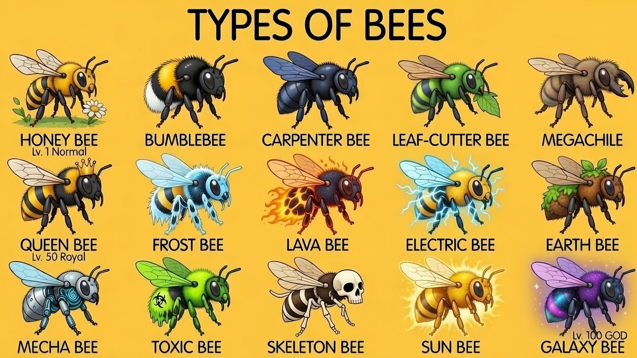 15 Amazing Types of Bees | Honey Bee to Galaxy Bee | Realistic Bee Poster