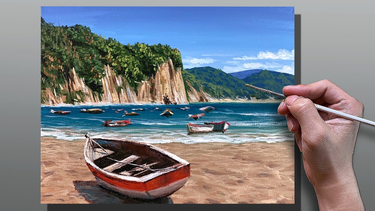 Acrylic Painting Seashore Boats / Correa Art