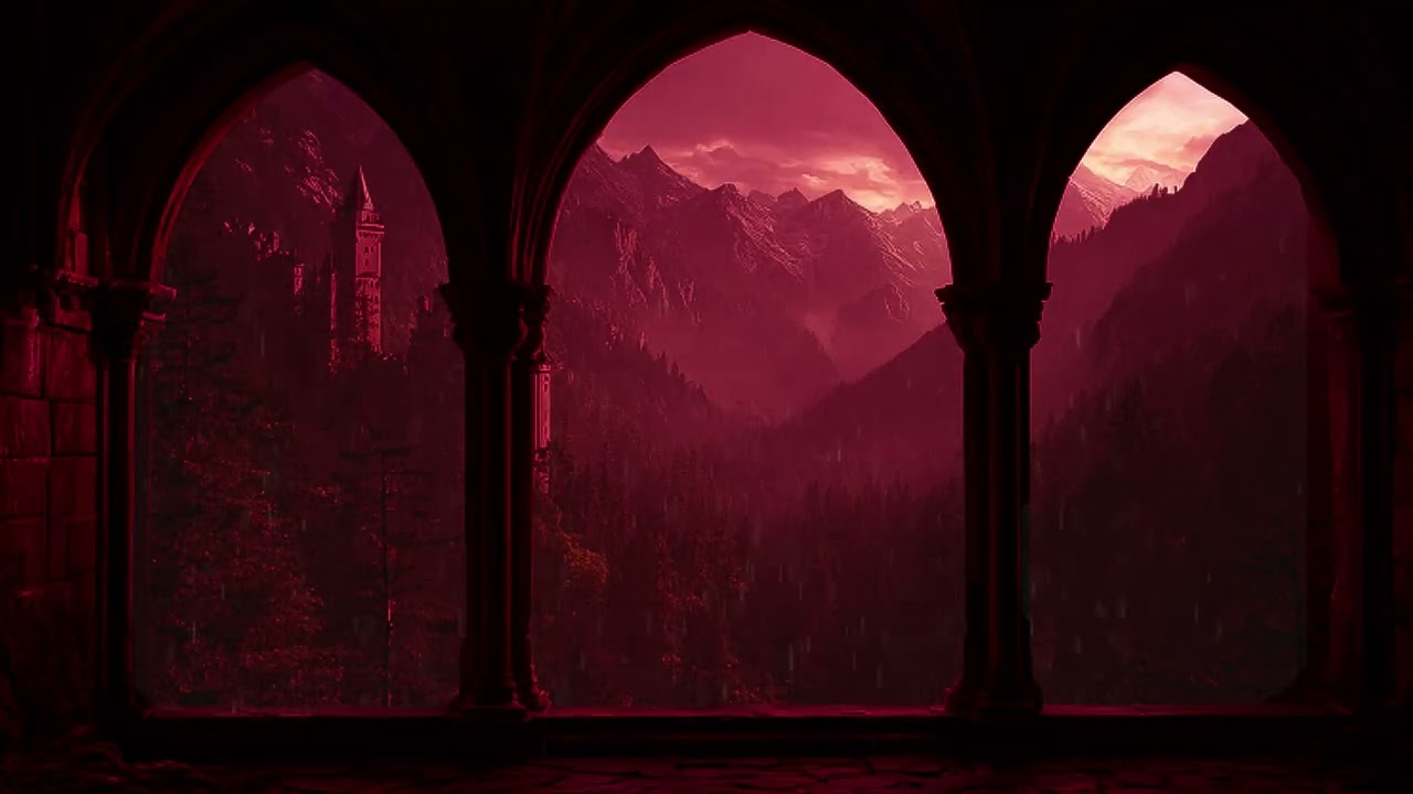 4K Rainy Medieval Castle Window 🏰 Thunderstorm Sounds for Deep Sleep and Relaxing Night Ambience