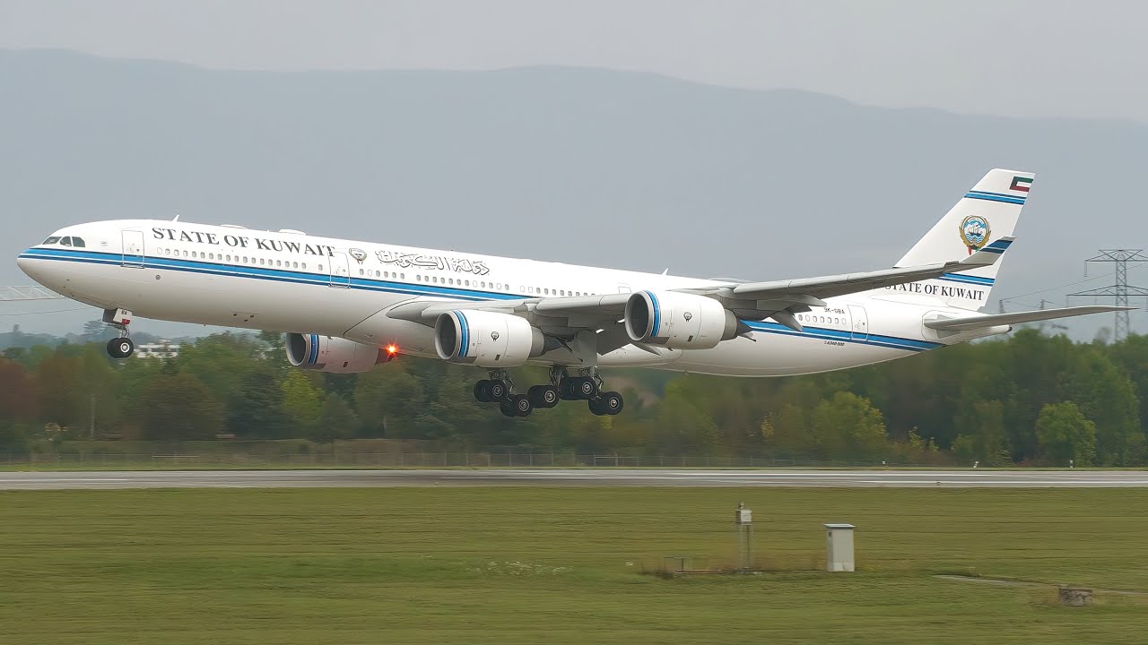 4K | State of Kuwait Airbus A340-500 9K-GBA landing & takeoff at Geneva/GVA/LSGG