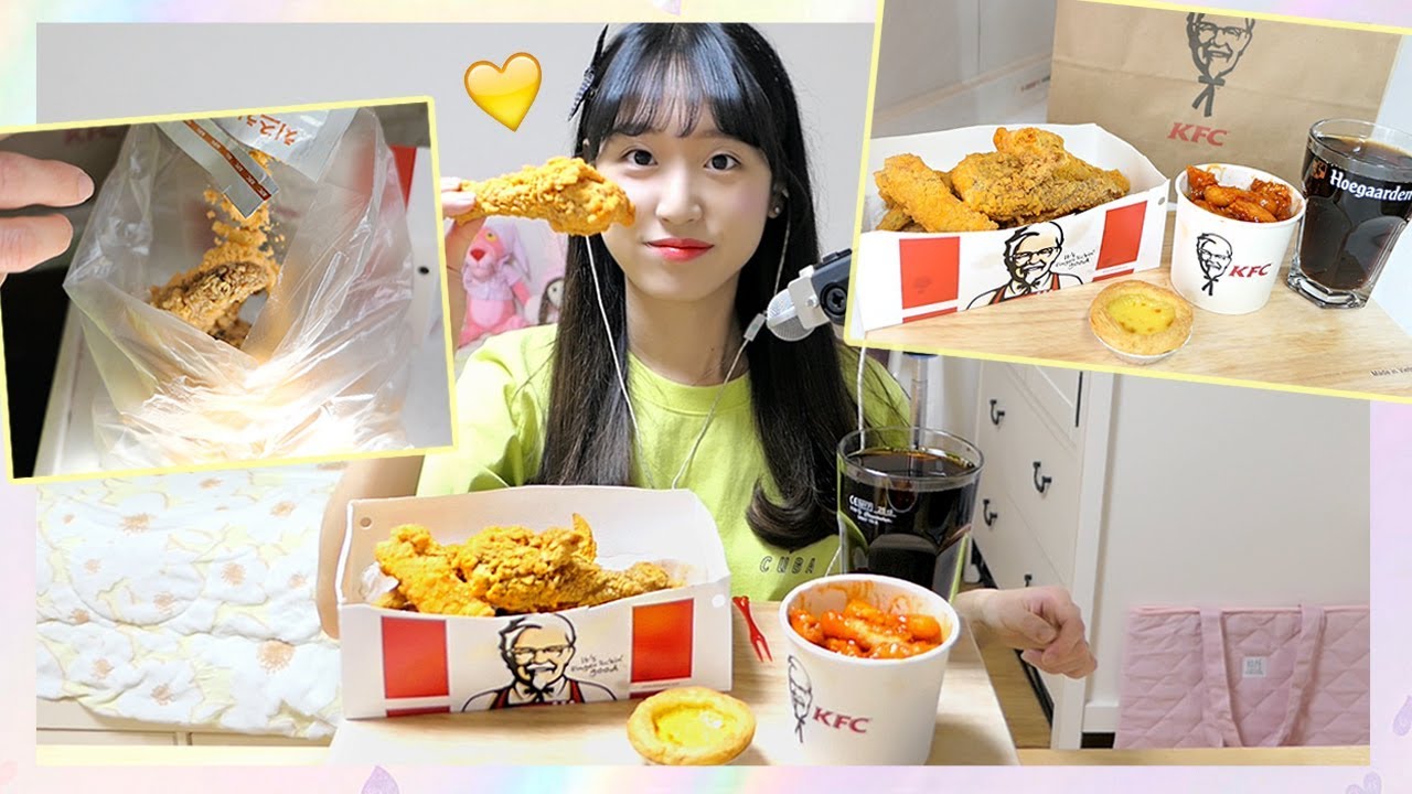 KFC 치즈 크리스피 치킨!! 텐더떡볶이, 에그타르트 리얼사운드♬ 치즈시즈닝을 치킨에 뿌려서 먹방♡ KFC チーズチキン Cheese Chicken (JP/ENG SUB) [이루리]