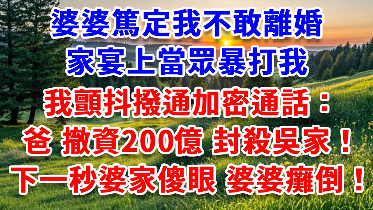 婆婆篤定我不敢離婚，家宴上當眾暴打我，我顫抖撥通加密通話：爸，撤資 200 億，封殺吳家！下一秒婆家傻眼 婆婆癱倒！#詩涵講故事#為人處世#生活經驗#情感故事#晚年哲理#說故事#完結文#原創故事