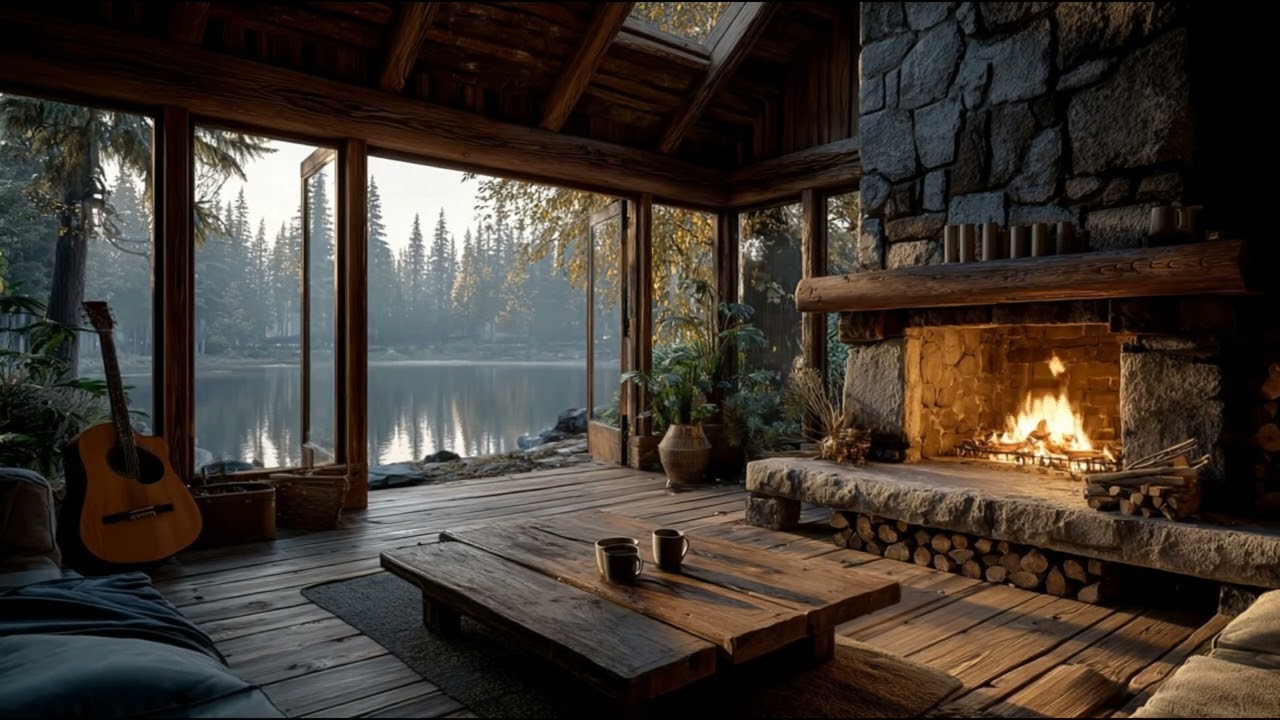 Cozy Lake Cabin Guitar 🎸 Fireplace Acoustic Music for Relaxing & Focus