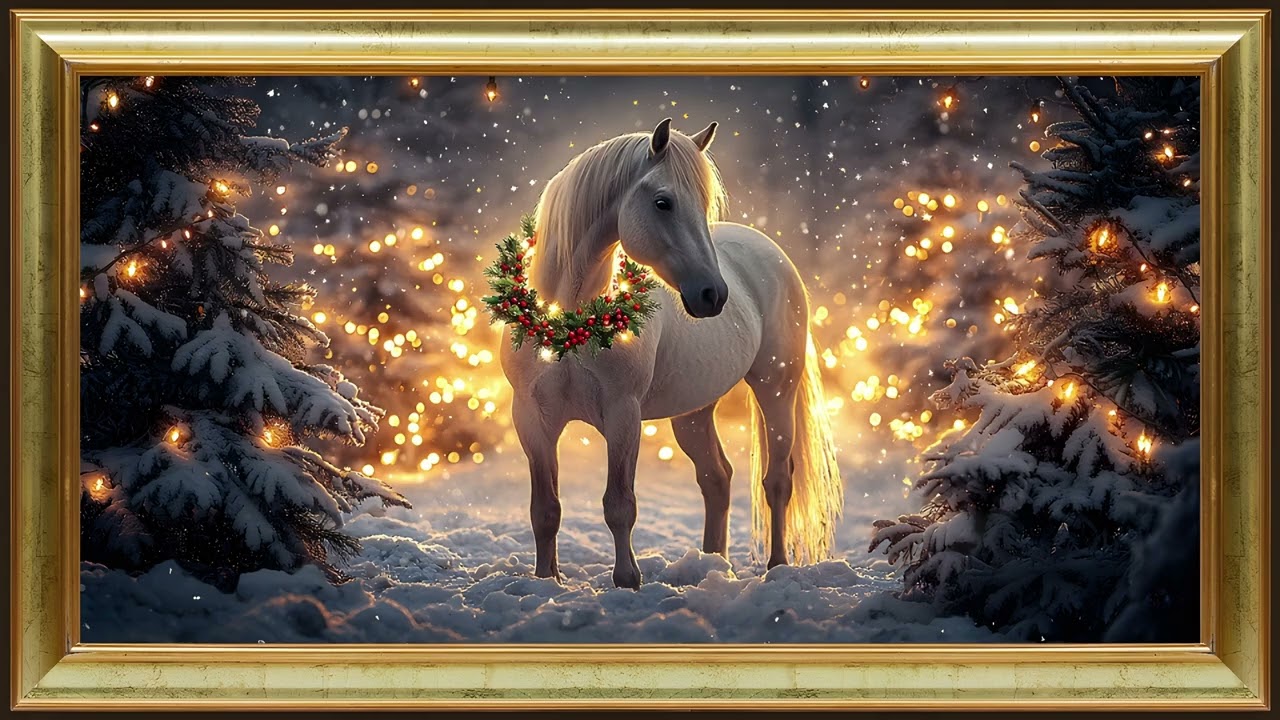 White Horse's Magical Christmas, Modern Art 4K | Gold Framed TV Art Screensaver
