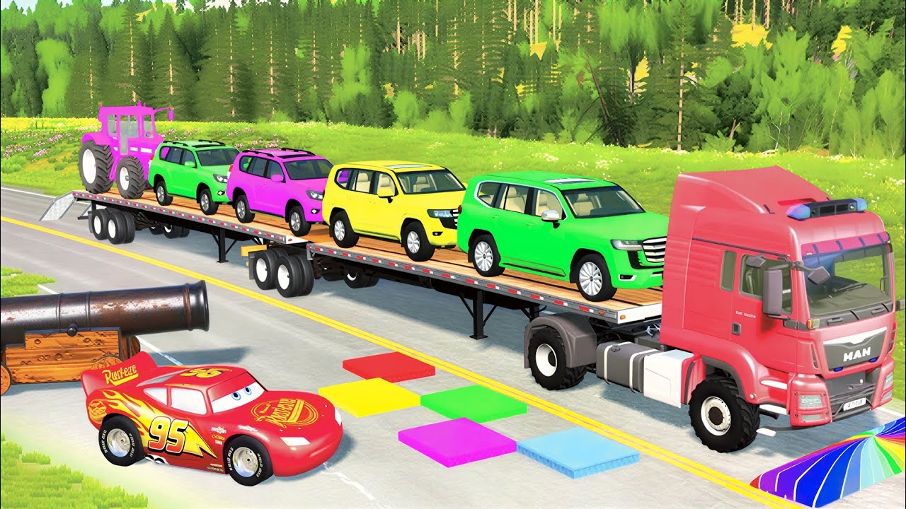 TRANSPORTING PIXAR CARS & FRUITS WITH COLORED & JOHN DEERE vs CLAAS vs TRACTORS - BeamNG.drive #983