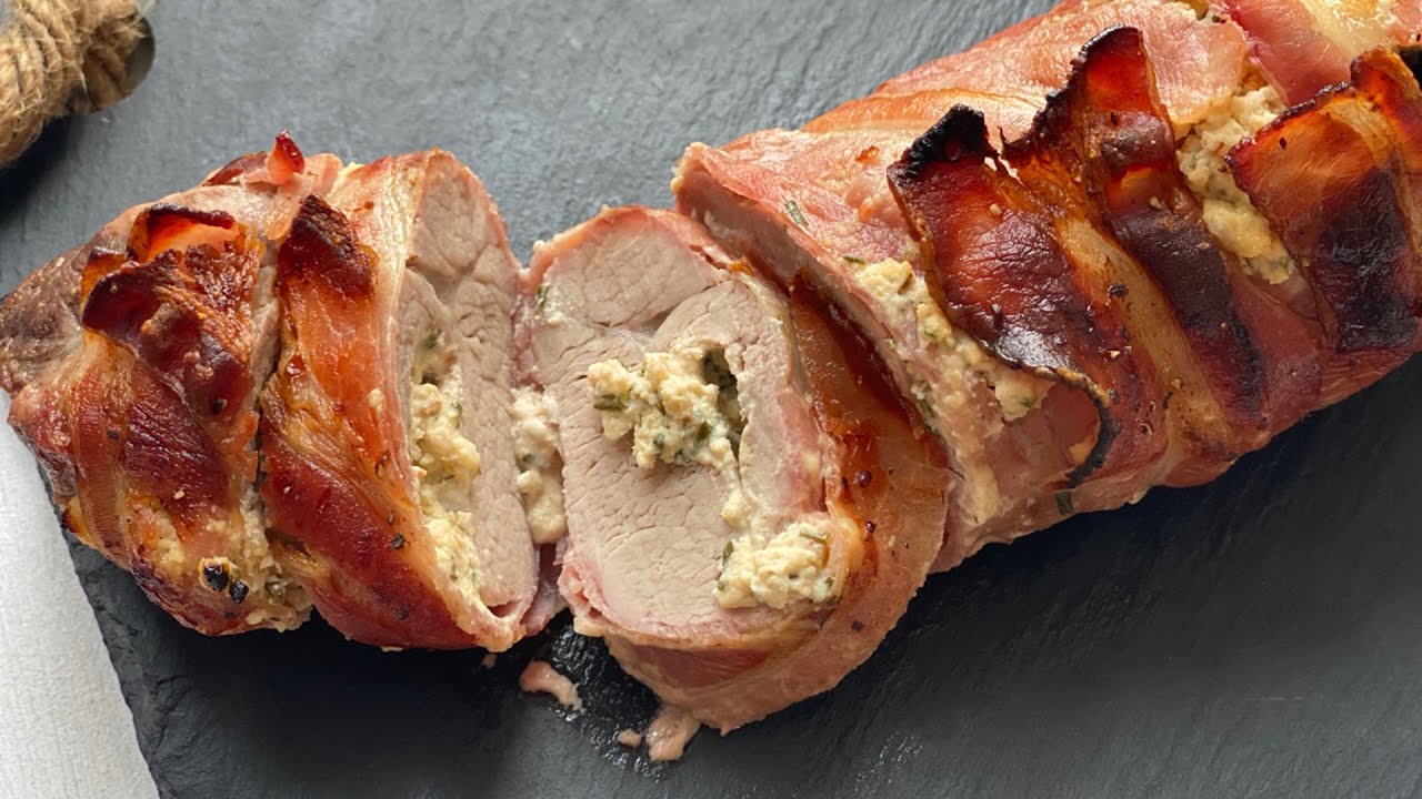 Fyldt svinemørbrad med pikantost og bacon