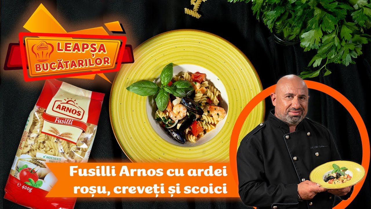Fusilli Arnos cu creveți, scoici și ardei gras by Chef Cătălin Scărlătescu