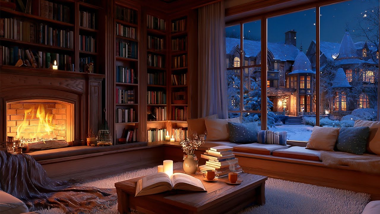A snowy night in a cozy reading nook ~Soothing jazz music🌨The sound of fire burning in the fireplace