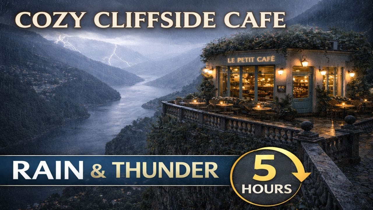 Cozy Cliffside Café at Night – Rain & Distant Thunder Ambience (5 Hours)