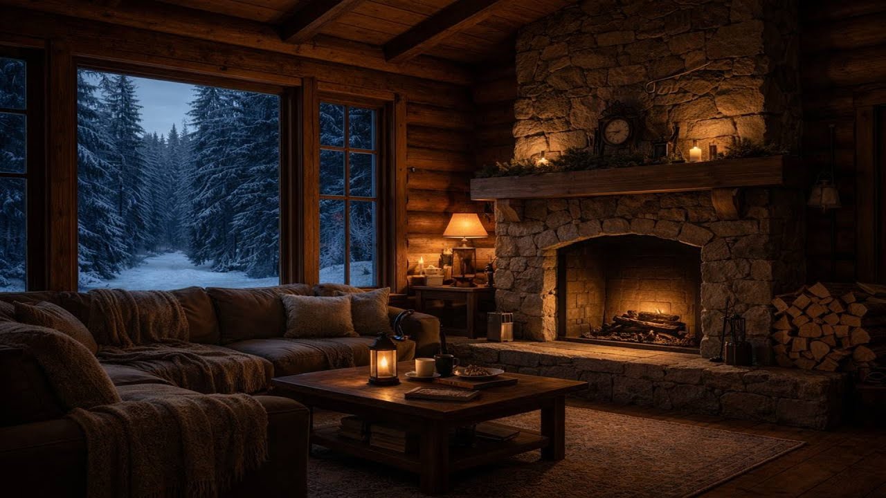Late Winter Cabin Night 🔥 Calm Fireplace Glow & Snowy Forest Ambience