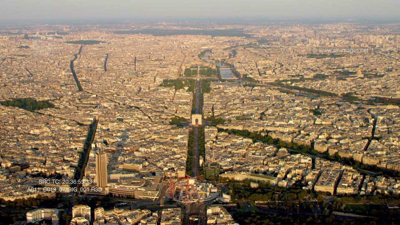 Aerial footage/ The Triumphal Way from Paris La D&eacute;fense up to Paris center / L' Axe Historique