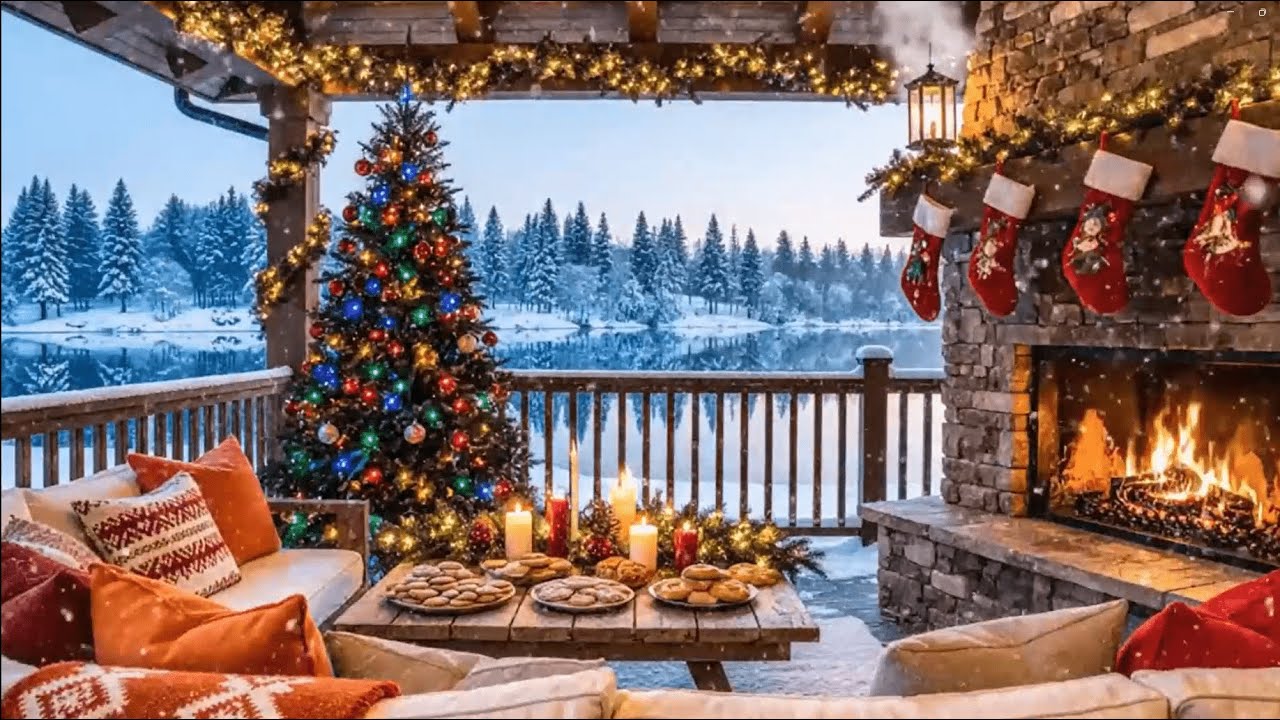 Christmas Jazz in a Warm Cabin 🎅 Snowfall, Fireplace Glow & Cozy Holiday Ambience for Deep Sleep