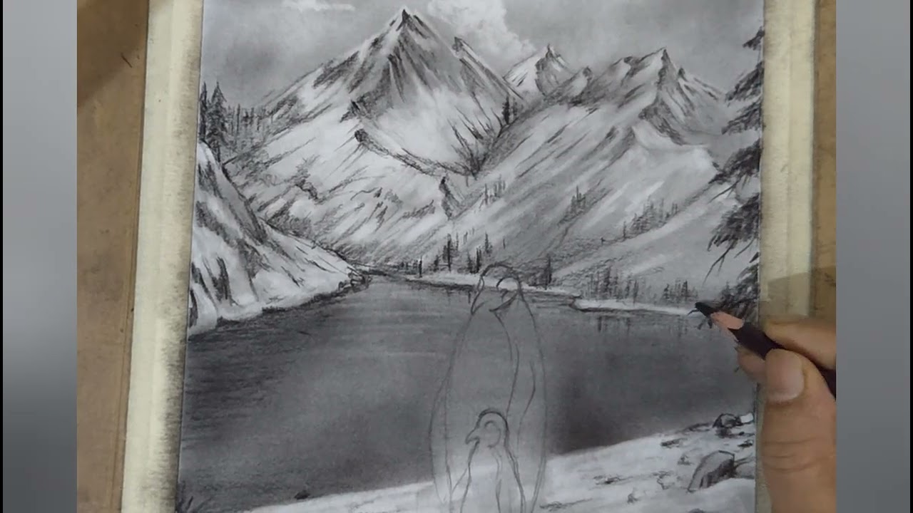 Wander Land Landscape Drawing By Charcoal Pencil # Wild Life With Snow.