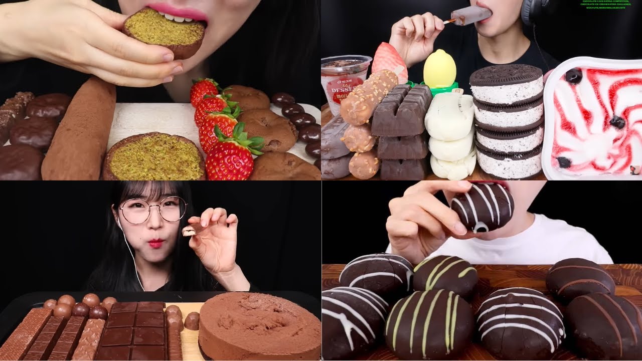 CHOCOLATE CAKE EATING COMPETITION,CHOCOLATE ICE CREAM EATING CHALLENGE,MOCHI,PIE,MARSHMALLW,BIG BITE