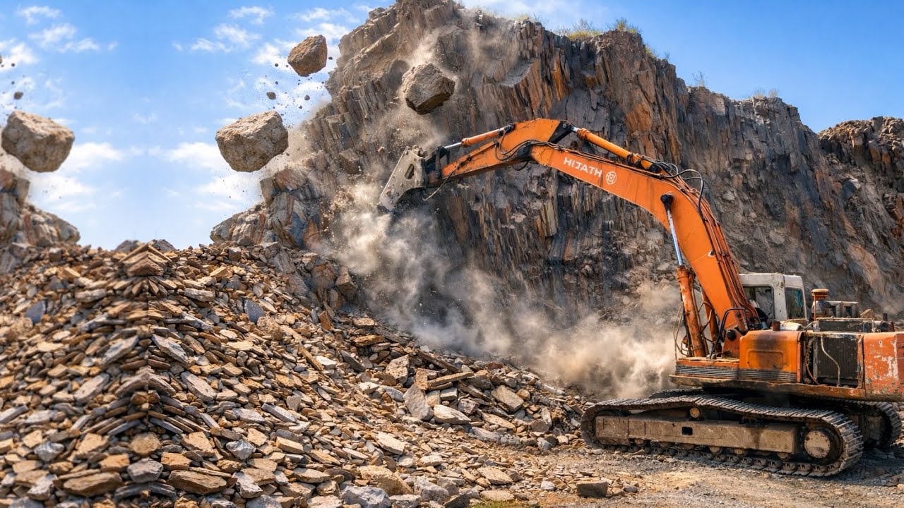Powerful Excavator in Action | Crushing Giant Rocks at Mountain Site #excavator 
