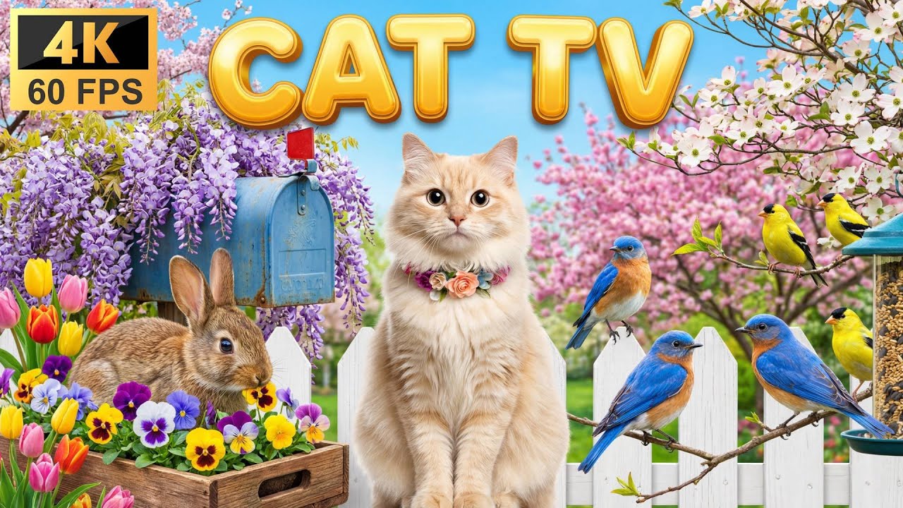 Cat TV 8 Hours - Spring Garden: Bunny, Bluebirds & Wisteria Flower