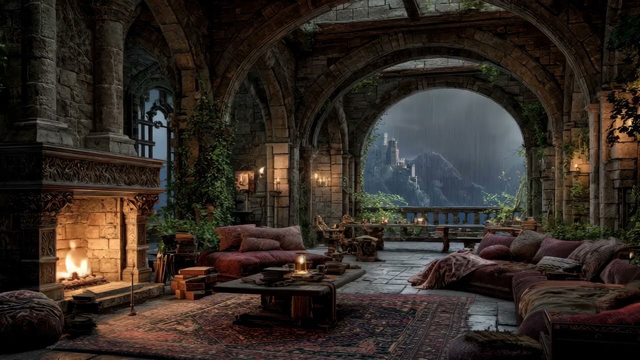 Dark Gothic Castle 🌧️ Fireplace & Rain & Distant Thunder | Calm Fantasy Ambience (3 Hours, No Ads)