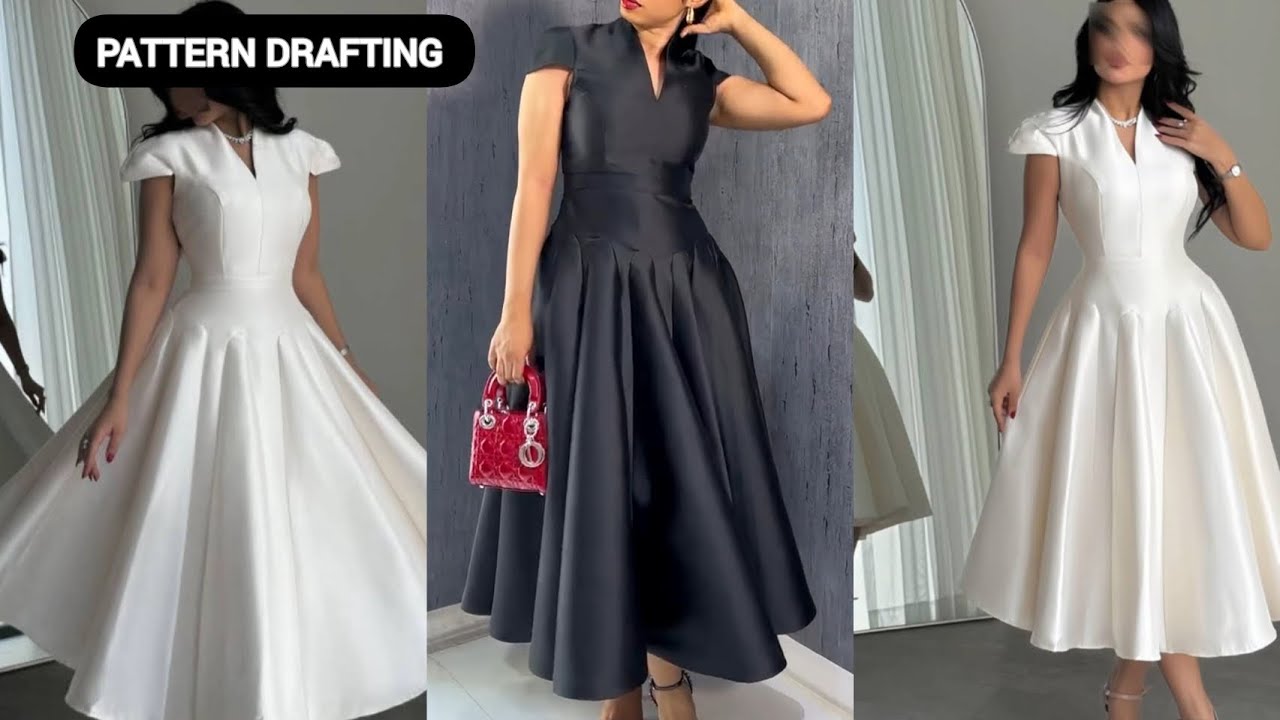 LET US DRAFT A FIT-AND-FLARE DRESS WITH A BUILT-UP NECKLINE, PRINCESS DART, CONE SKIRT, CAP SLEEVE