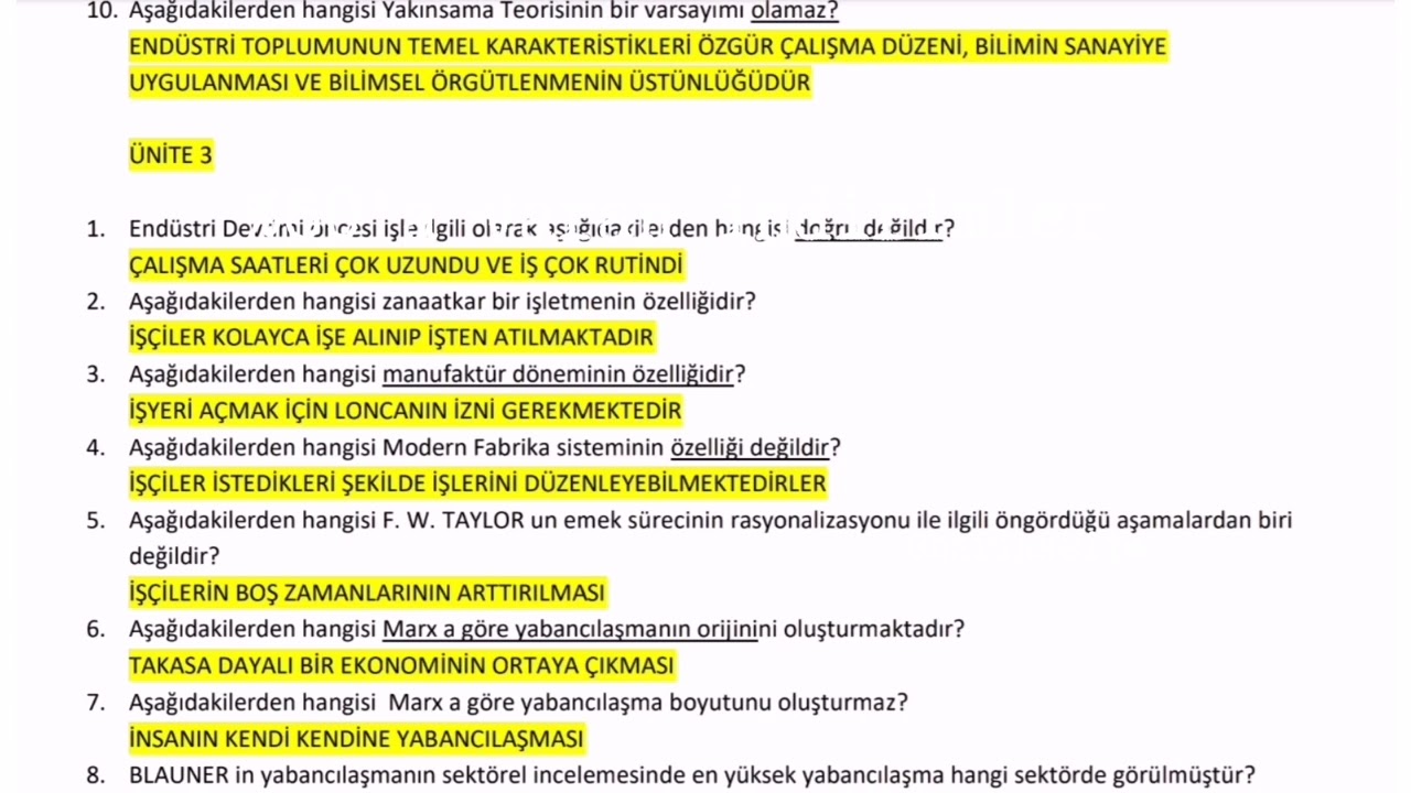 Ata Aöf ENDÜSTRİ SOSYOLOJİSİ VİZE SORU BANKASI sınav geçme garantili 🤩🤩