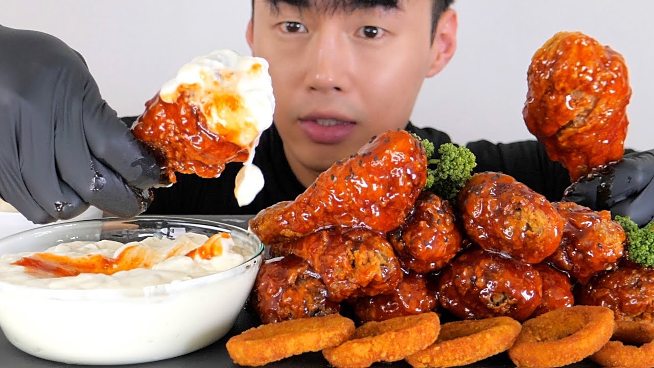 BBQ시크릿양념닭다리치킨 , 어니언링 + BHC 뿌링클소스 반반 먹방 Korean Sweet Chicken Mukbang ASMR