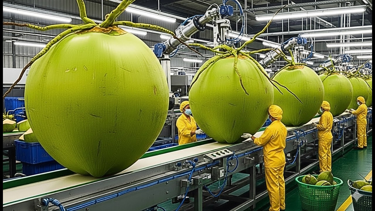 Dentro de la fábrica de coco: De cocos frescos a agua de coco premium (proceso completo)