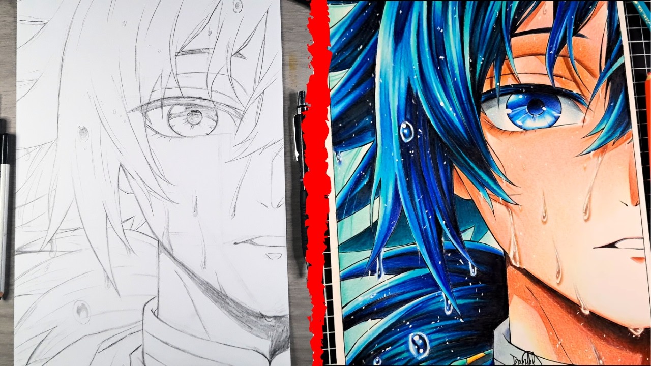 PASSO A PASSO Desenhando GIYUU TOMIOKA - Drawing DEMON SLAYER Castelo Infinito