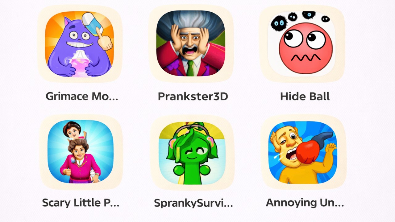 Annoying Uncle Punch Game, Spranky Survival, Prankster 3D, Grimace Monster Scary Survival, Hide Ball