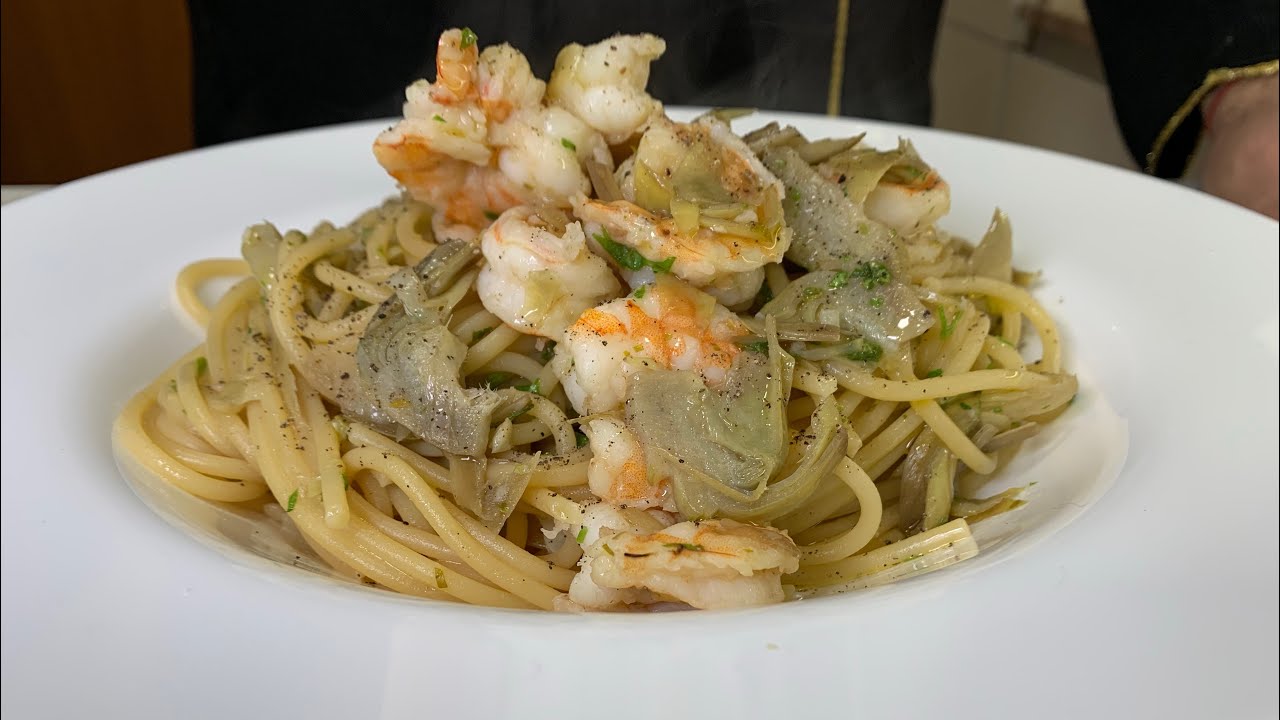 Espaguetis Con Camarones Y Alcachofas