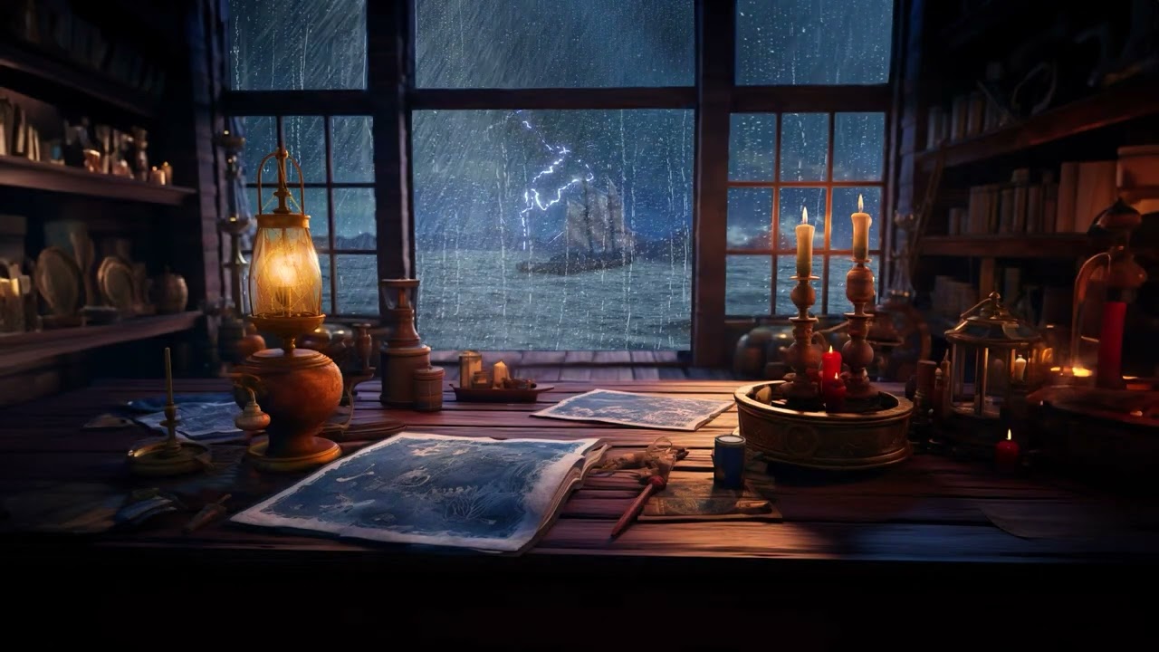 Captain's Room on the Pirate Ship Ambience | Rain, POWERFUL Thunderstorm and Wood Creaking