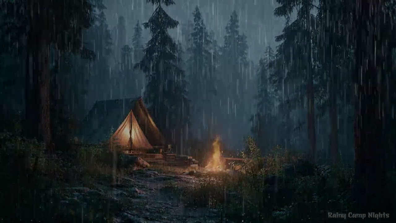 Zeltcamp bei nächtlichem Regen und Feuer – Sanfte Naturklänge für Meditation und Tiefenschlaf