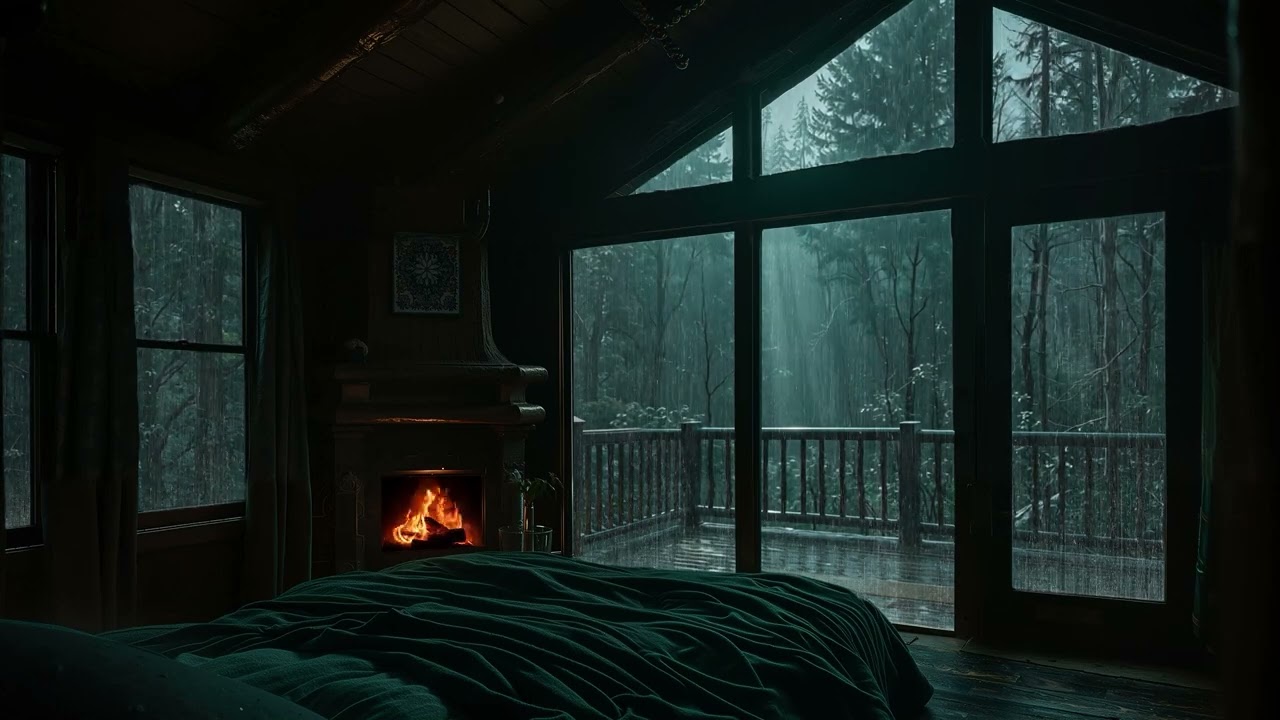 Rain Tapping the Window in the Dark 🌧️ Fireplace Warmth and Minimal Piano Ambience