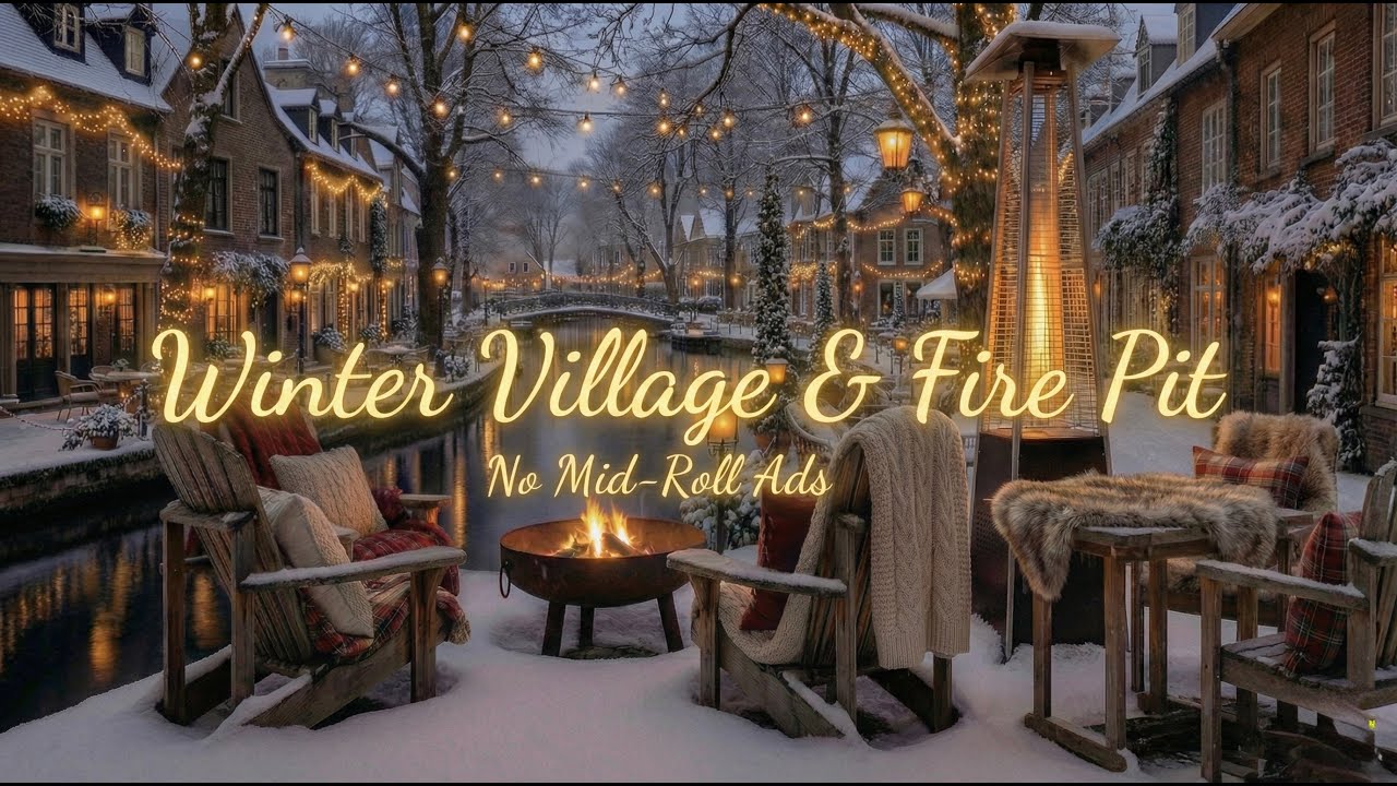 Winter Village with Fire Pit & Snow (NO MID ROLL ADS) ❄️ Cozy Canal Ambience with Fire