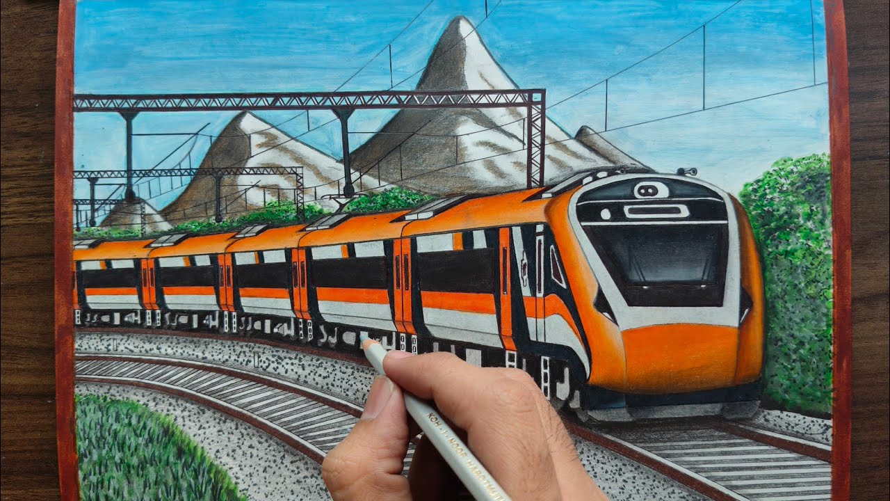 Рисунок поезда Vande Bharat Express || Живописный горный пейзаж.