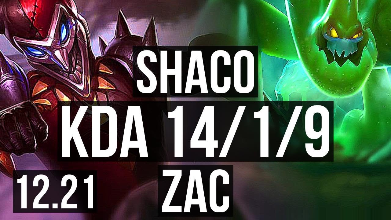 SHACO vs ZAC (JNG) | 14/1/9, 4.2M mastery, 1500+ games, Legendary | EUW Master | 12.21